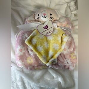 Pink and Yellow Bunny Baby Blanket Set. New